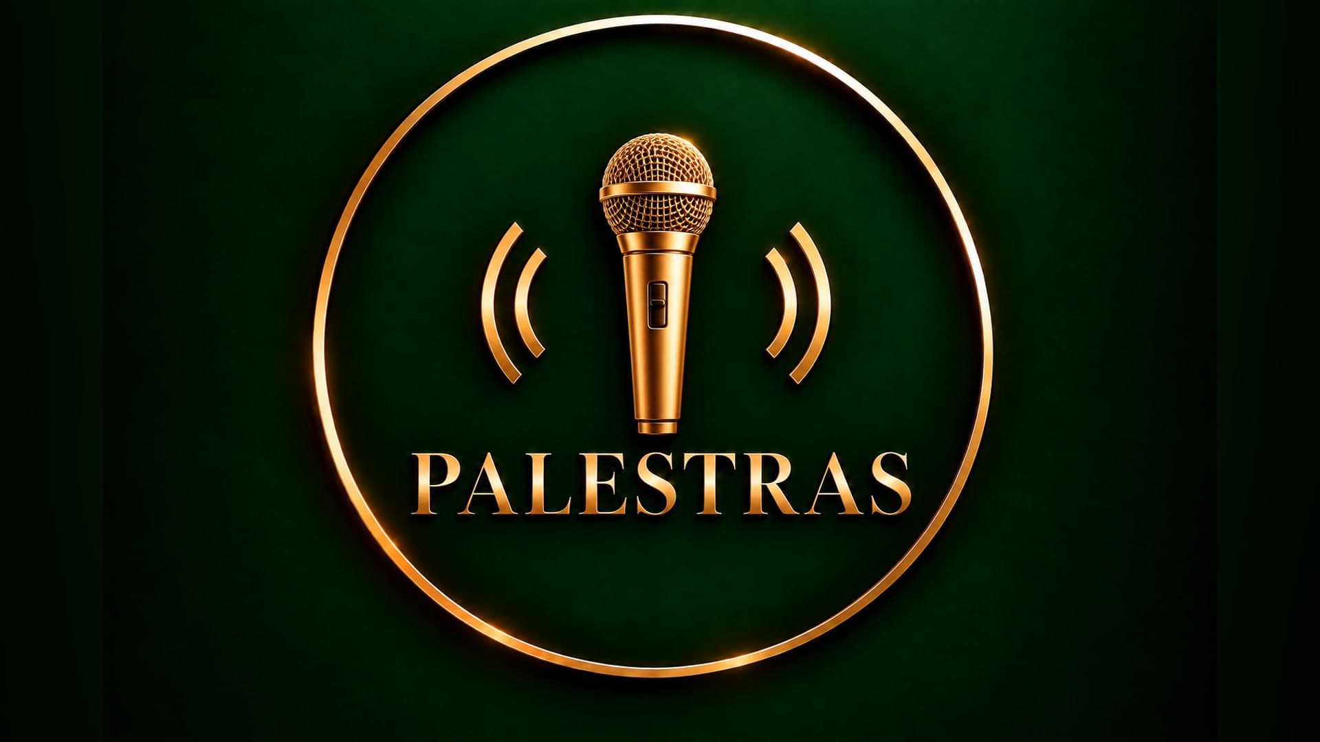 Palestras — emblema dourado de microfone em fundo verde